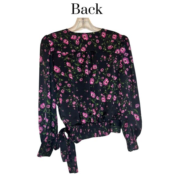 EUC Banana Republic floral tie front volume sleeve wrap top pink black XS petite - Picture 2 of 8